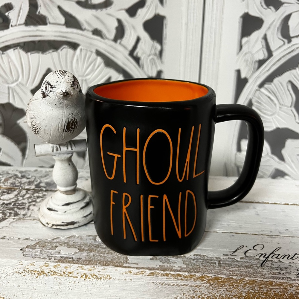 Rae Dunn Ceramic Halloween Coffee Mug “Ghoul Friend”, Black & Orange
